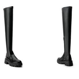 AZALEA WANG LATE NIGHTS OVER THE KNEE FLATFORM BOOT WITH 4 WAY STRETCH IN BLACK